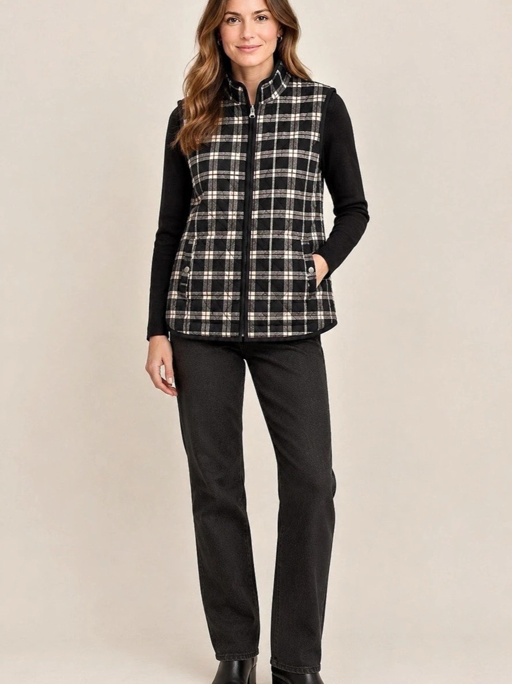 Croft & Barrow Quilted Plaid Zip-Up Vest Black & White Large